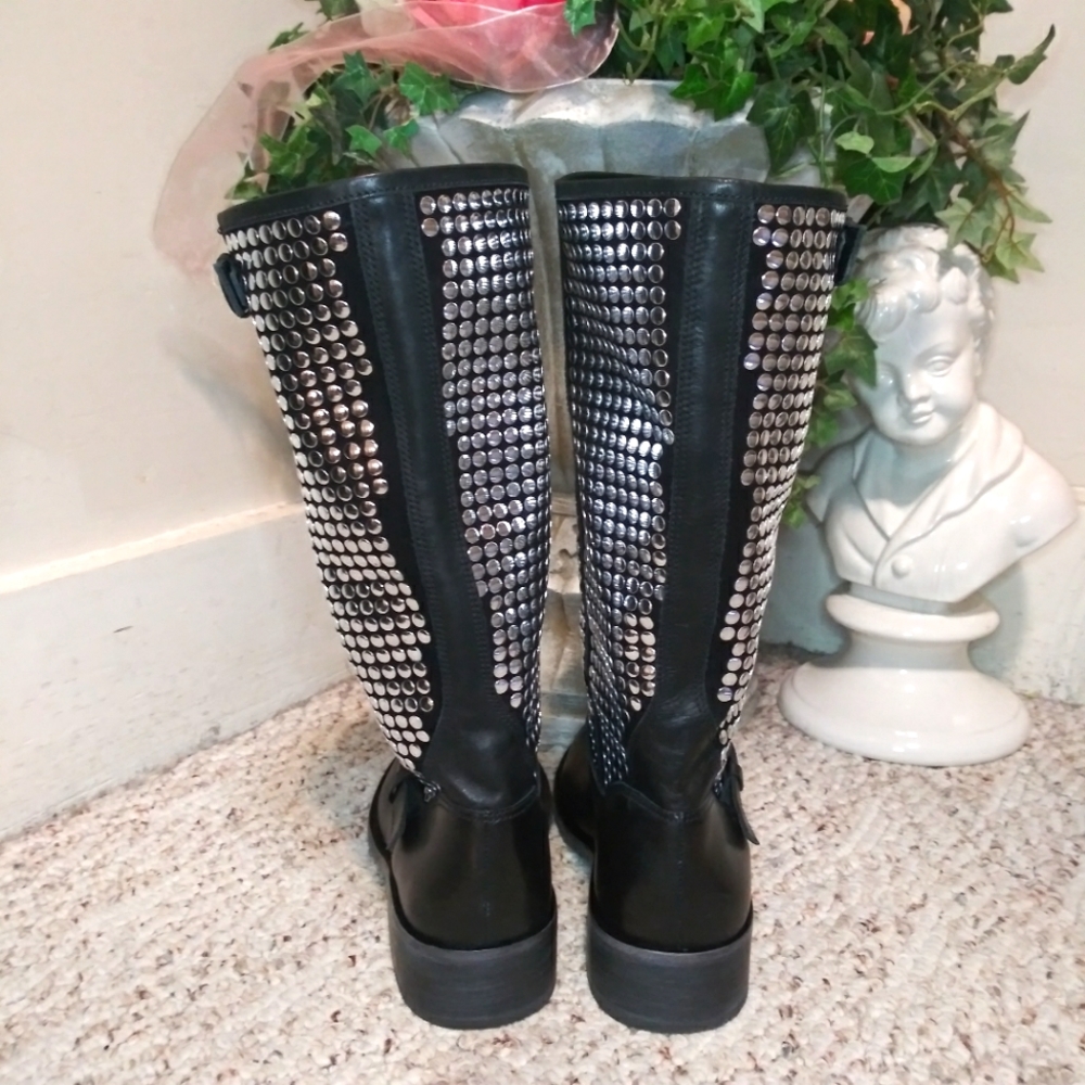 Anthropologie Vicenza Silver Studded Black Leather Rocker Chic Style Moto Boot - Picture 5 of 9